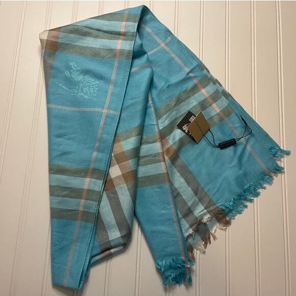 NWT Burberry Blue Raspberry Sorbet Scarf Shawl Cashmere Silk Fringe 28"x72" READ - Picture 1 of 8